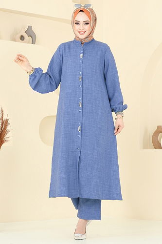 moda selvim Taş Detaylı Takım 3066HBS856 Açık İndigo - Thumbnail