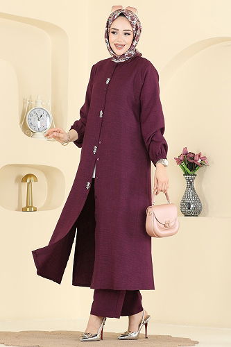 moda selvim Taş Detaylı Takım 3066HBS856 Açık Mürdüm - Thumbnail