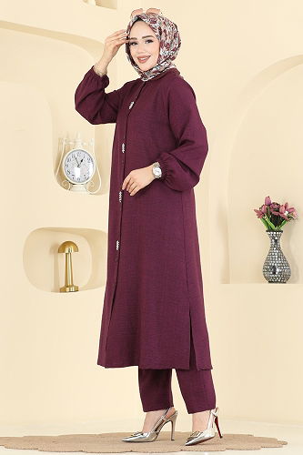 moda selvim Taş Detaylı Takım 3066HBS856 Açık Mürdüm - Thumbnail