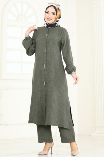 moda selvim Taş Detaylı Takım 3066HBS856 Haki - Thumbnail