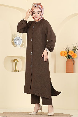 moda selvim Taş Detaylı Takım 3066HBS856 Kahve - Thumbnail