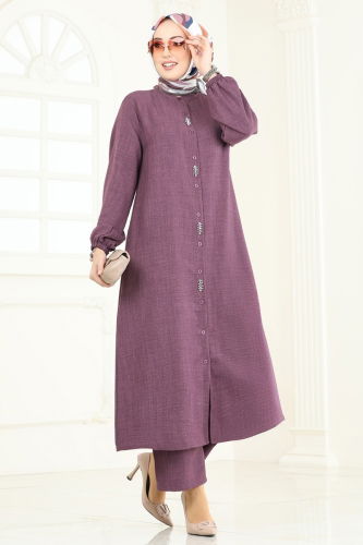 moda selvim Taş Detaylı Takım 3066HBS856 Koyu Lila - Thumbnail