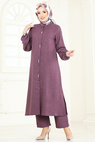 moda selvim Taş Detaylı Takım 3066HBS856 Koyu Lila - Thumbnail