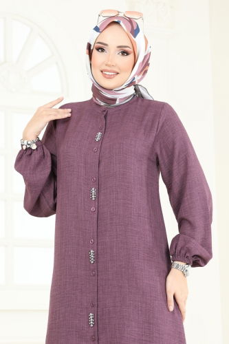moda selvim Taş Detaylı Takım 3066HBS856 Koyu Lila - Thumbnail