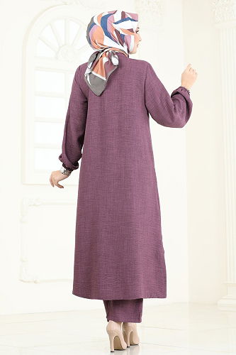 moda selvim Taş Detaylı Takım 3066HBS856 Koyu Lila - Thumbnail