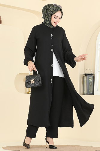 moda selvim Taş Detaylı Takım 3066HBS856 Siyah - Thumbnail