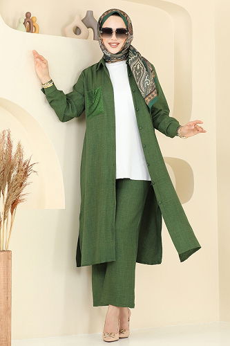 moda selvim Taş Detaylı Takım 3087HBS856 Haki - Thumbnail