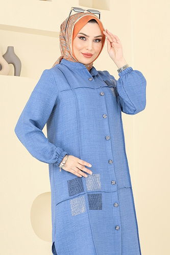 moda selvim Taş Detaylı Takım 369DVL817 İndigo - Thumbnail