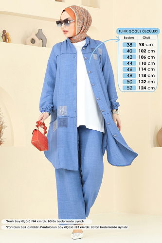 moda selvim Taş Detaylı Takım 369DVL817 İndigo - Thumbnail