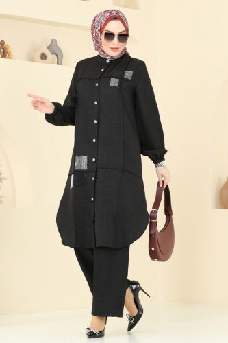 moda selvim Taş Detaylı Takım 369DVL817 Siyah - Thumbnail