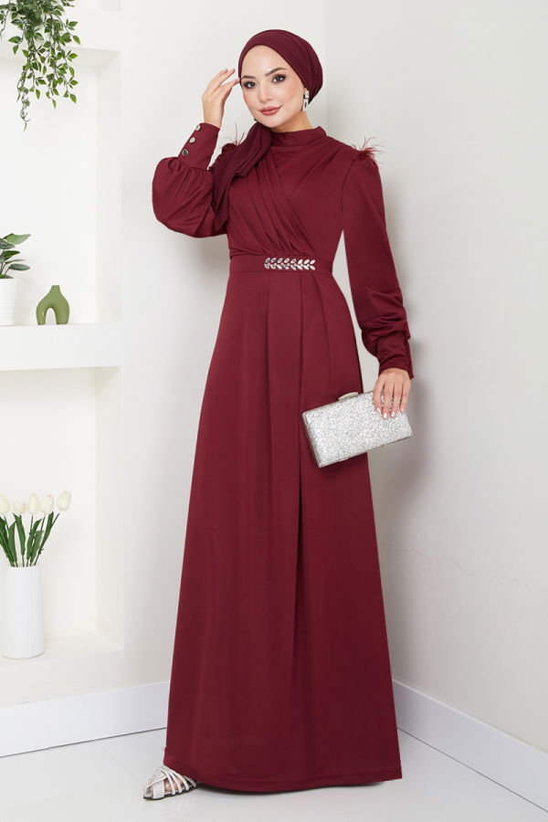 Modaselvim SEPETTE NET %20+%20 İNDİRİM Taş Detaylı Tesettür Abiye 271DVL897-M Bordo