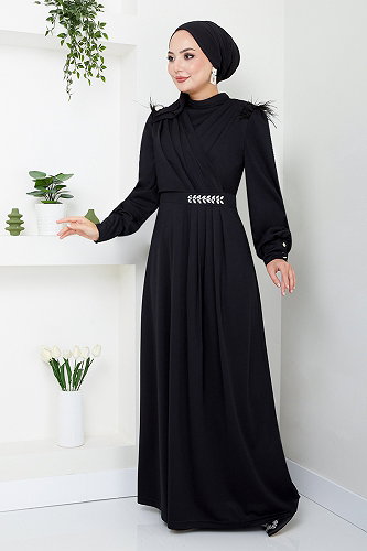 moda selvim Taş Detaylı Tesettür Abiye 271DVL897-M Siyah - Thumbnail
