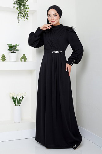 moda selvim Taş Detaylı Tesettür Abiye 271DVL897-M Siyah - Thumbnail