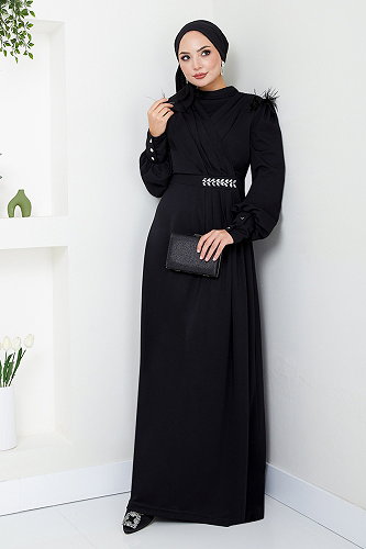 moda selvim Taş Detaylı Tesettür Abiye 271DVL897-M Siyah - Thumbnail
