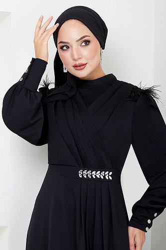 moda selvim Taş Detaylı Tesettür Abiye 271DVL897-M Siyah - Thumbnail