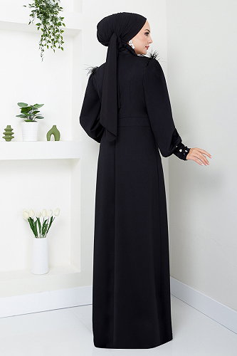 moda selvim Taş Detaylı Tesettür Abiye 271DVL897-M Siyah - Thumbnail