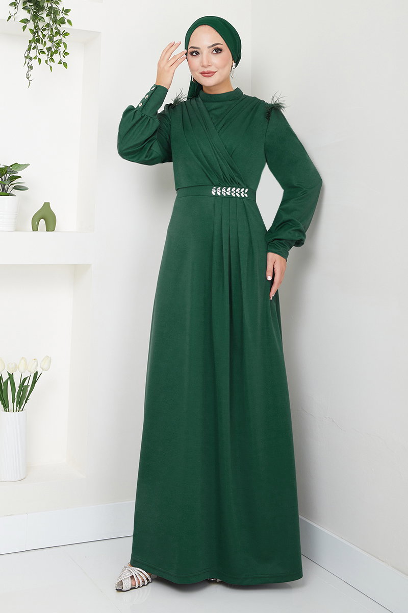 Taş Detaylı Tesettür Abiye 271DVL897-M Zümrüt