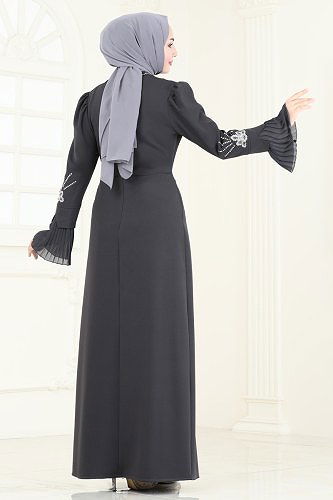 moda selvim Taş Detaylı Tesettür Abiye 6617YG95 Antrasit - Thumbnail