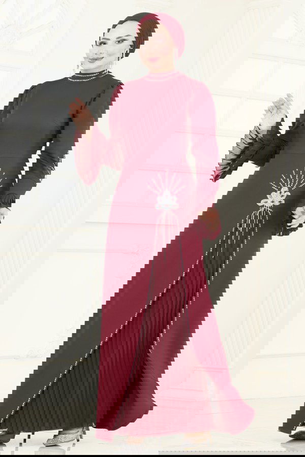 %30 İNDİRİM Taş Detaylı Tesettür Abiye 6617YG95 Bordo