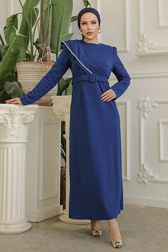 moda selvim Taş Detaylı Tesettür Elbise 664MSM187 İndigo - Thumbnail