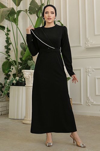 moda selvim Taş Detaylı Tesettür Elbise 664MSM187 Siyah - Thumbnail
