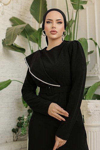 moda selvim Taş Detaylı Tesettür Elbise 664MSM187 Siyah - Thumbnail