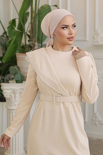 moda selvim Taş Detaylı Tesettür Elbise 664MSM187 Taş - Thumbnail