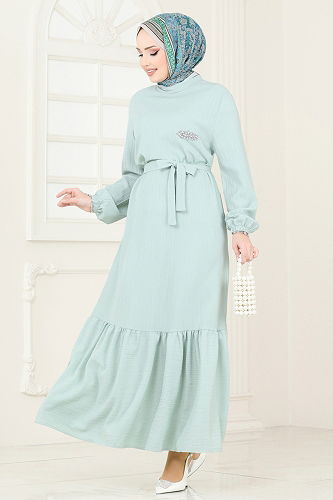 moda selvim Taş Detaylı Tesettür Elbise 813OZN1046 Açık Mint - Thumbnail