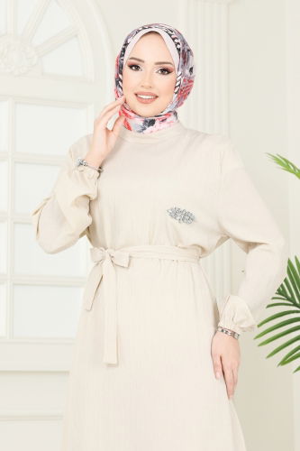 moda selvim Taş Detaylı Tesettür Elbise 813OZN1046 Taş - Thumbnail