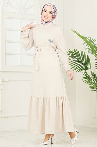 moda selvim Taş Detaylı Tesettür Elbise 813OZN1046 Taş - Thumbnail