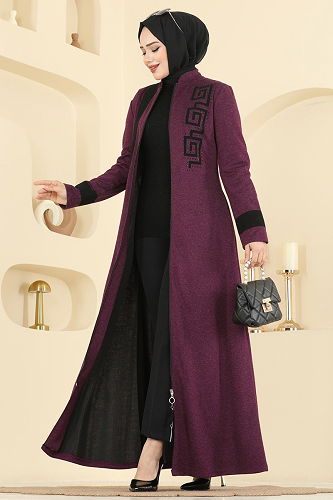 moda selvim Taş Detaylı Tesettür Ferace 2319ASMK1074 Mürdüm - Thumbnail