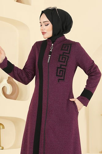 moda selvim Taş Detaylı Tesettür Ferace 2319ASMK1074 Mürdüm - Thumbnail