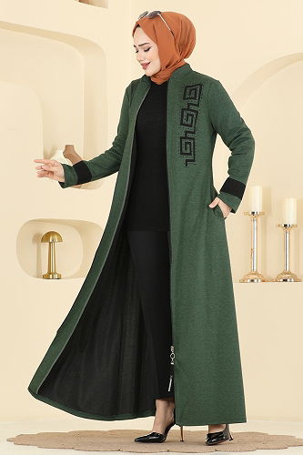 moda selvim Taş Detaylı Tesettür Ferace 2319ASMK1074 Zümrüt - Thumbnail