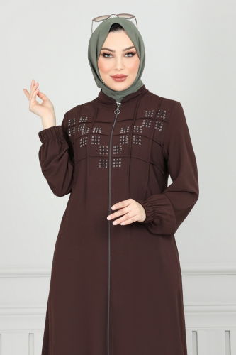 moda selvim Taş Detaylı Tesettür Ferace 354DVL817 Kahve - Thumbnail
