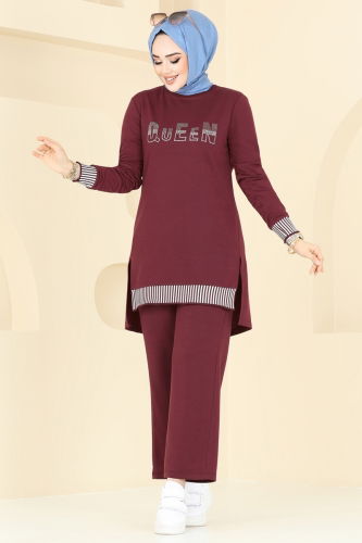 moda selvim Taş Detaylı Tesettür Takım 2586SL432 Bordo - Thumbnail