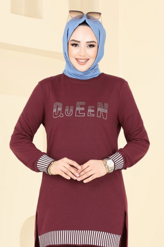 moda selvim Taş Detaylı Tesettür Takım 2586SL432 Bordo - Thumbnail