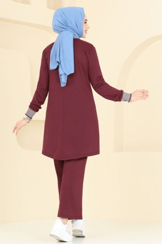 moda selvim Taş Detaylı Tesettür Takım 2586SL432 Bordo - Thumbnail