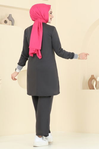 moda selvim Taş Detaylı Tesettür Takım 2586SL432 Ekru&Antrasit - Thumbnail
