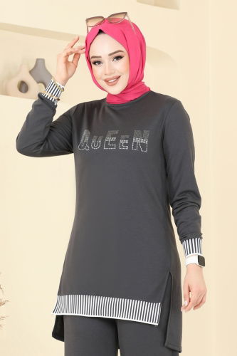 moda selvim Taş Detaylı Tesettür Takım 2586SL432 Ekru&Antrasit - Thumbnail