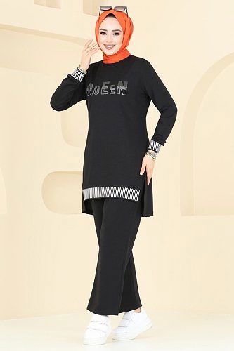 moda selvim Taş Detaylı Tesettür Takım 2586SL432 Siyah - Thumbnail