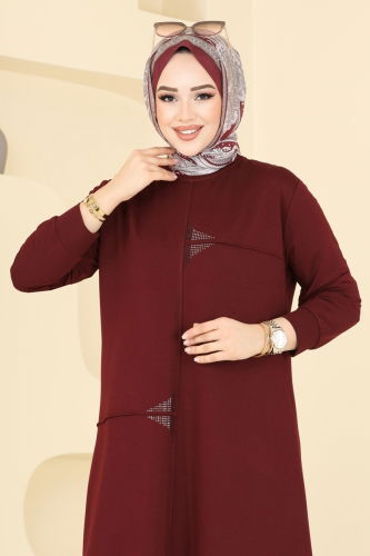 moda selvim Taş Detaylı Tesettür Takım 2688AYD574 Bordo - Thumbnail