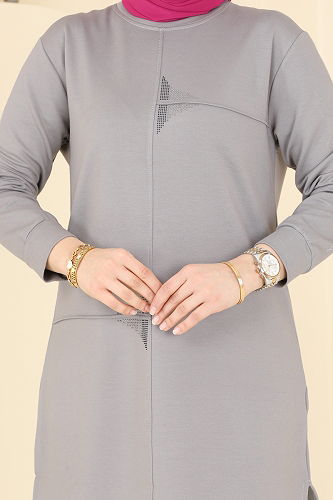 moda selvim Taş Detaylı Tesettür Takım 2688AYD574 Gri - Thumbnail