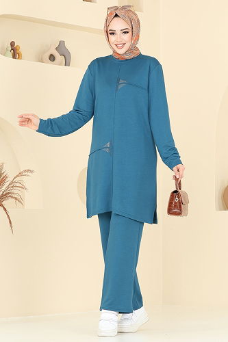 moda selvim Taş Detaylı Tesettür Takım 2688AYD574 Petrol - Thumbnail