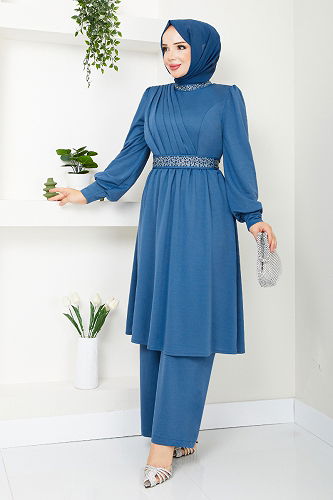 moda selvim Taş Detaylı Tesettür Takım 280DVL897-M İndigo - Thumbnail