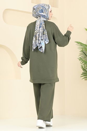 moda selvim Taş Detaylı Tesettür Takım 340DVL817 Haki - Thumbnail