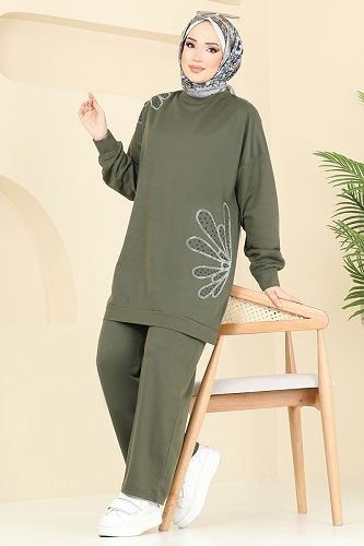 moda selvim Taş Detaylı Tesettür Takım 340DVL817 Haki - Thumbnail