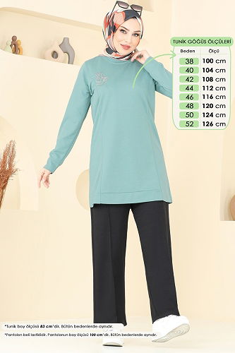 moda selvim Taş Detaylı Tesettür Takım 4060PM271 Mint&Siyah - Thumbnail