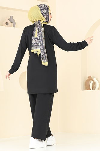 moda selvim Taş Detaylı Tesettür Takım 4060PM271 Siyah - Thumbnail