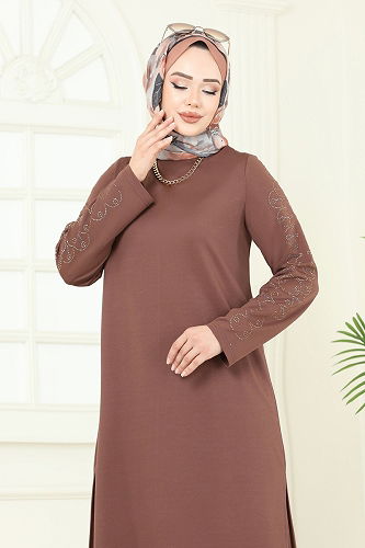 moda selvim Taş Detaylı Tesettür Takım 455DVL817 Kahve - Thumbnail