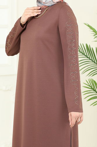 moda selvim Taş Detaylı Tesettür Takım 455DVL817 Kahve - Thumbnail